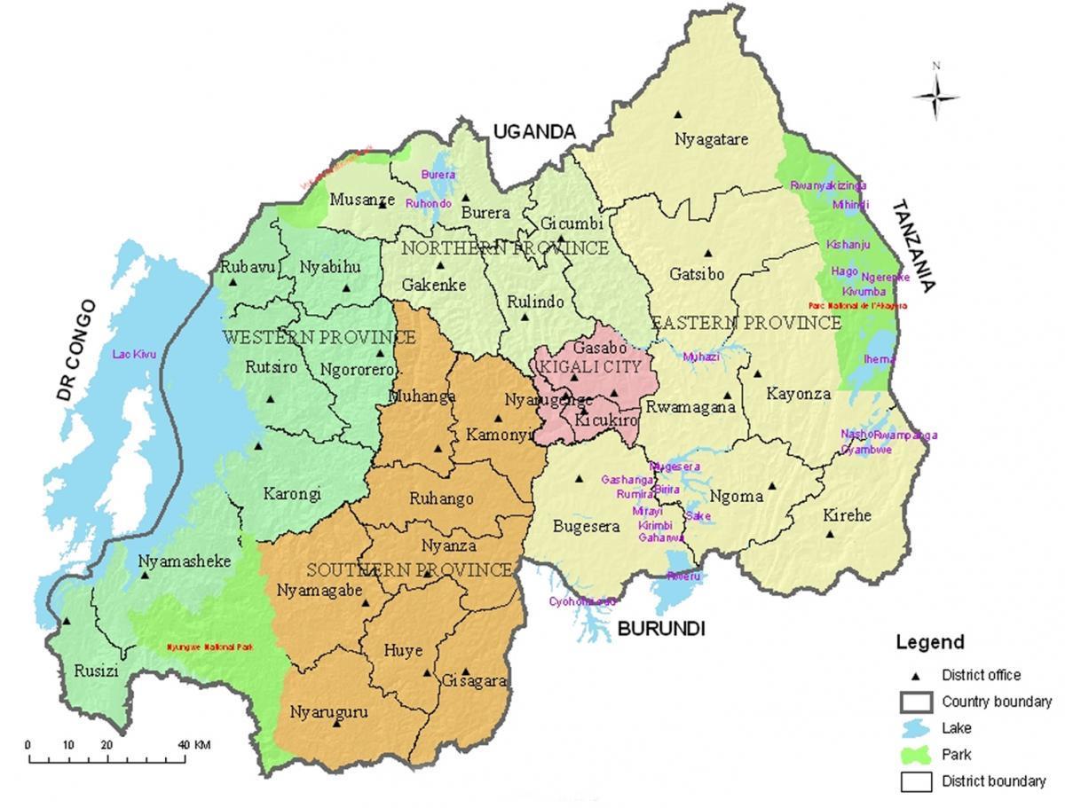 mapa Rwandy s okresy a odvětví